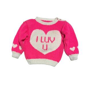 Vintage Toddler Hand Knit Neon Pink Heart Oversized Chunky Nordic Sweater